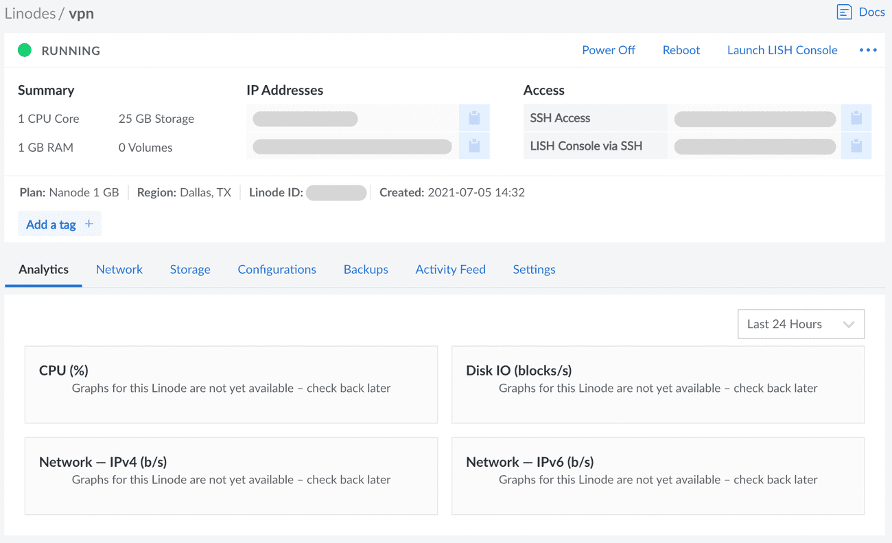 An example of what the main overview screen looks like for a Linode account using a virtual hardware plan