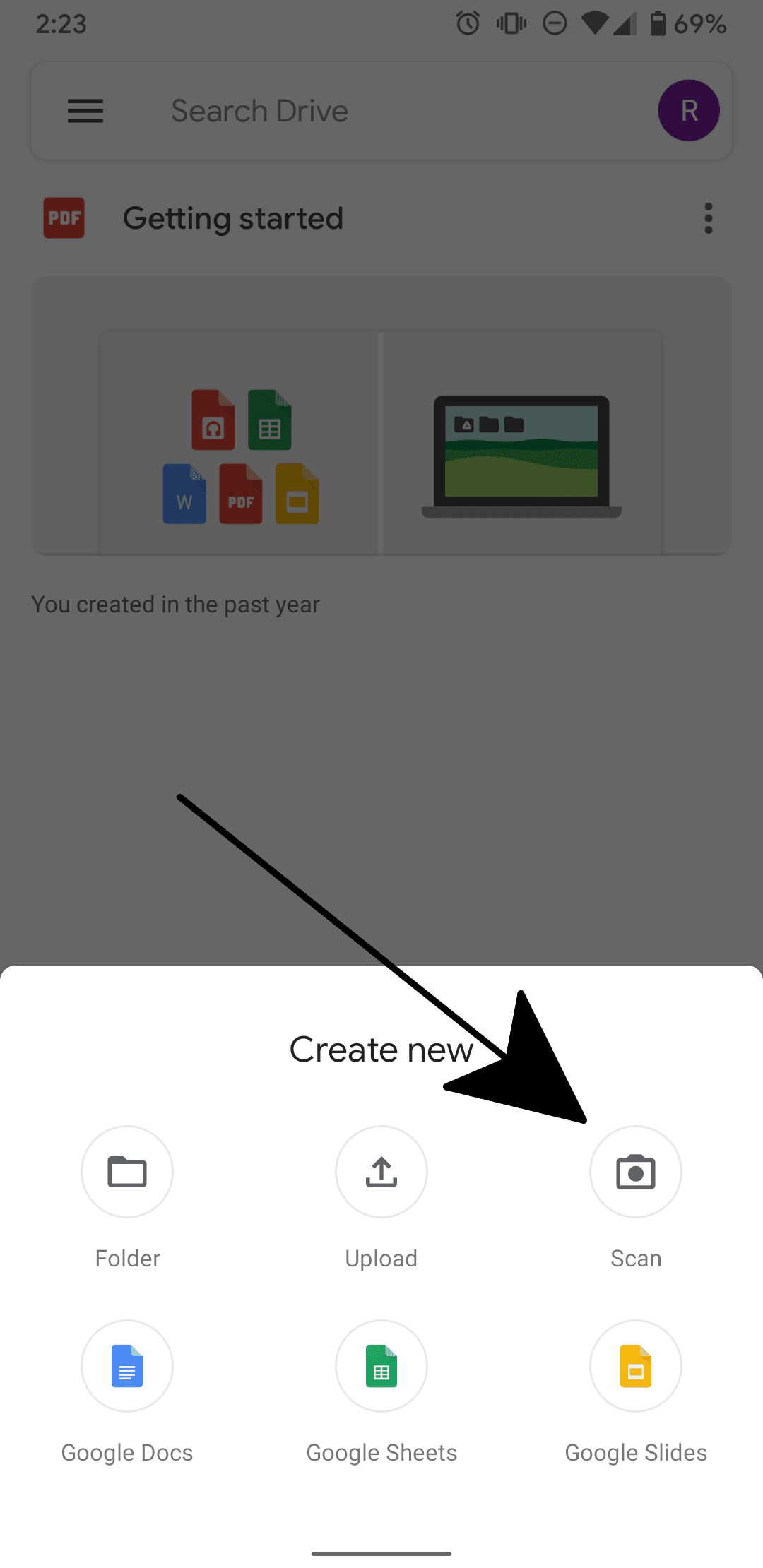Παράθυρο δημιουργίας εγγράφων εφαρμογής google drive android