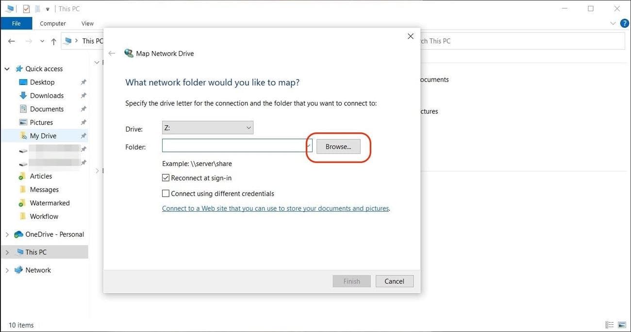 Screenshot shows 'Map Network Drive' pop up with a red circle around the 'Browse' button.