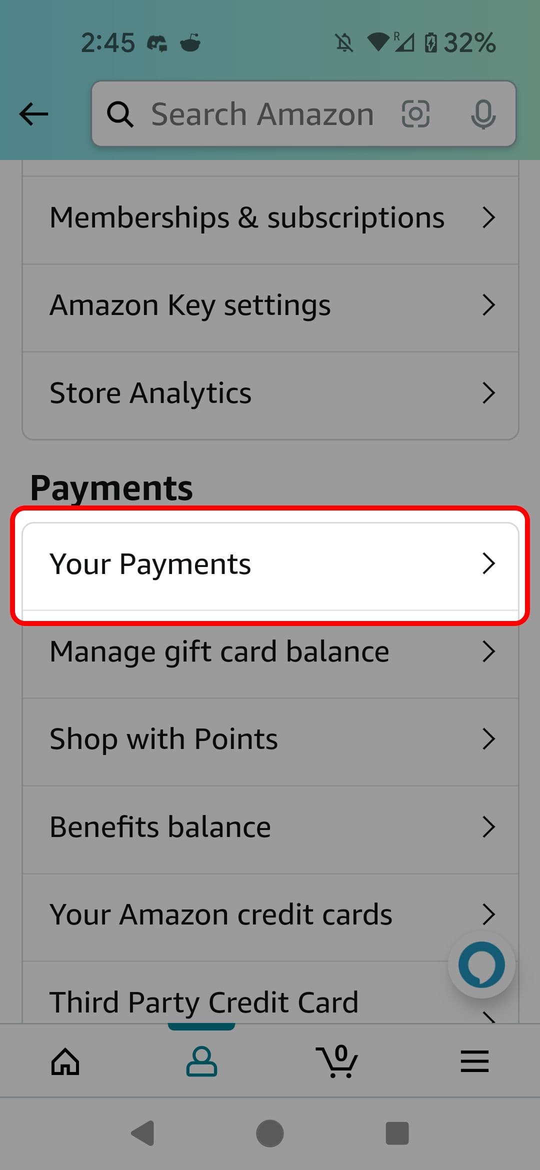 Μενού Λογαριασμού εφαρμογής Amazon που επισημαίνει την επιλογή Οι πληρωμές σας