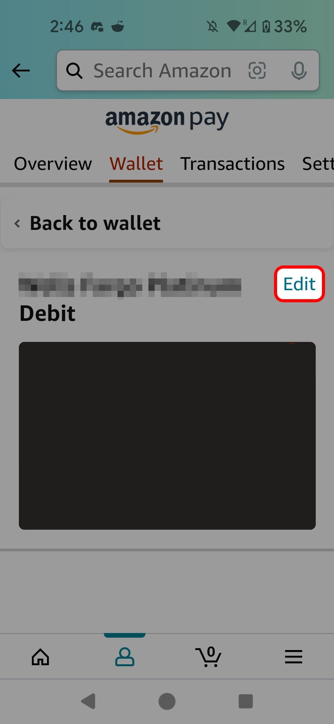 Πορτοφόλι εφαρμογής Amazon που επισημαίνει την επιλογή Επεξεργασία