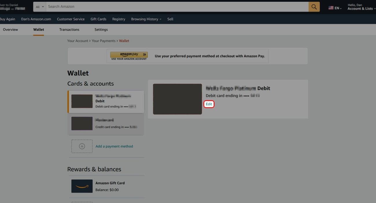 Μενού πορτοφολιού επιτραπέζιου υπολογιστή Amazon που επισημαίνει την επιλογή Επεξεργασία κάρτας