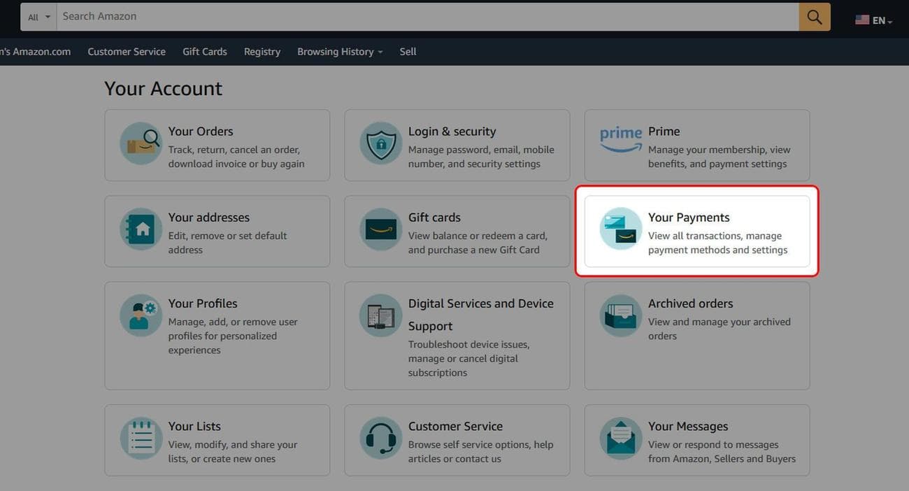Επιτραπέζιο υπολογιστή του Amazon Το μενού Ο λογαριασμός σας επισημαίνει την επιλογή Οι πληρωμές σας