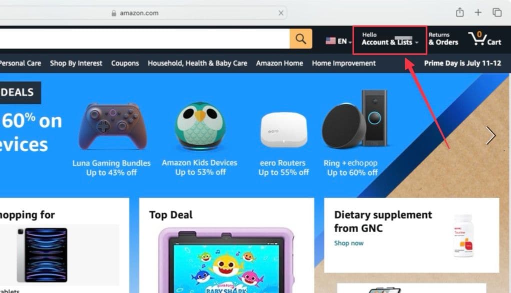 Η αρχική σελίδα του Amazon εμφανίζει την επιλογή Λογαριασμοί και Λίστες