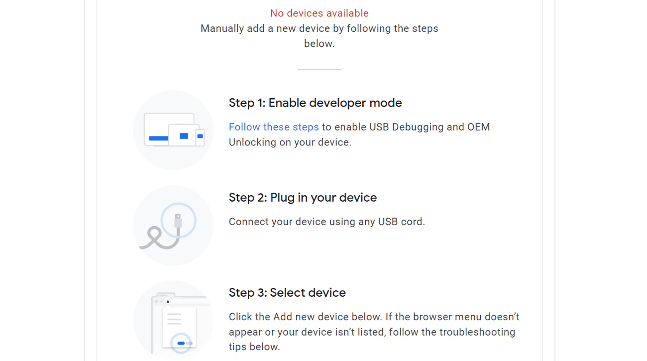 The Android Flash Tool showing that no devices are available