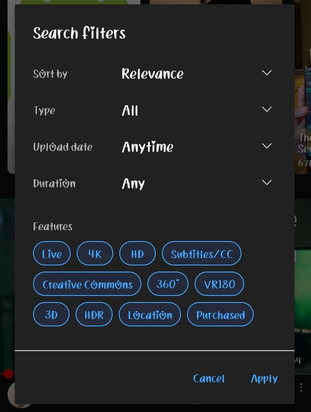 YouTube search filters on app
