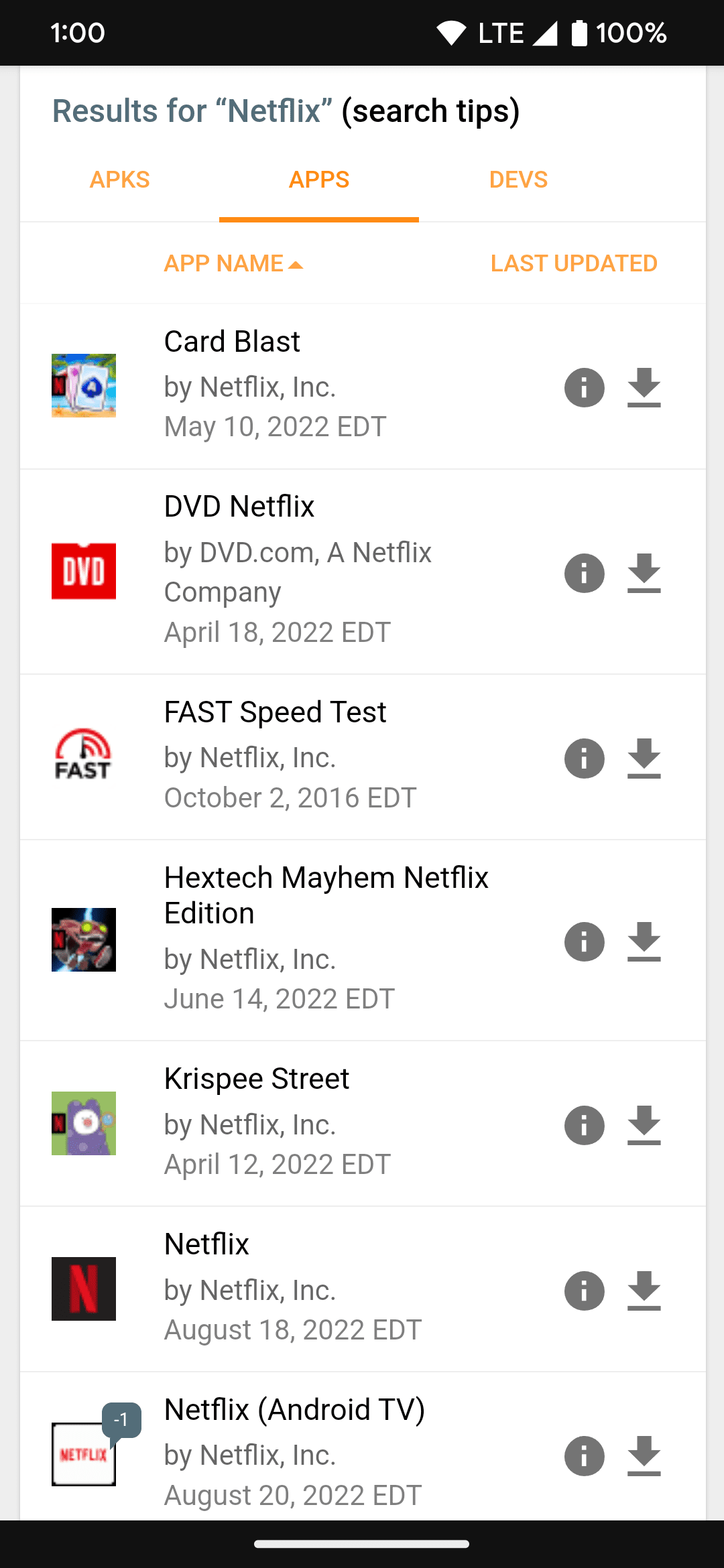 Αναζήτηση αποτελεσμάτων Netflix στο APKMirror.