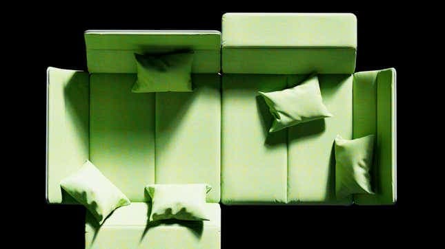 Μια φωτογραφία από πάνω από πολλούς καναπέδες σε έναν φάκελο που ωθούνται μαζί για να δημιουργήσουν μια μεγαλύτερη διάταξη καθισμάτων.