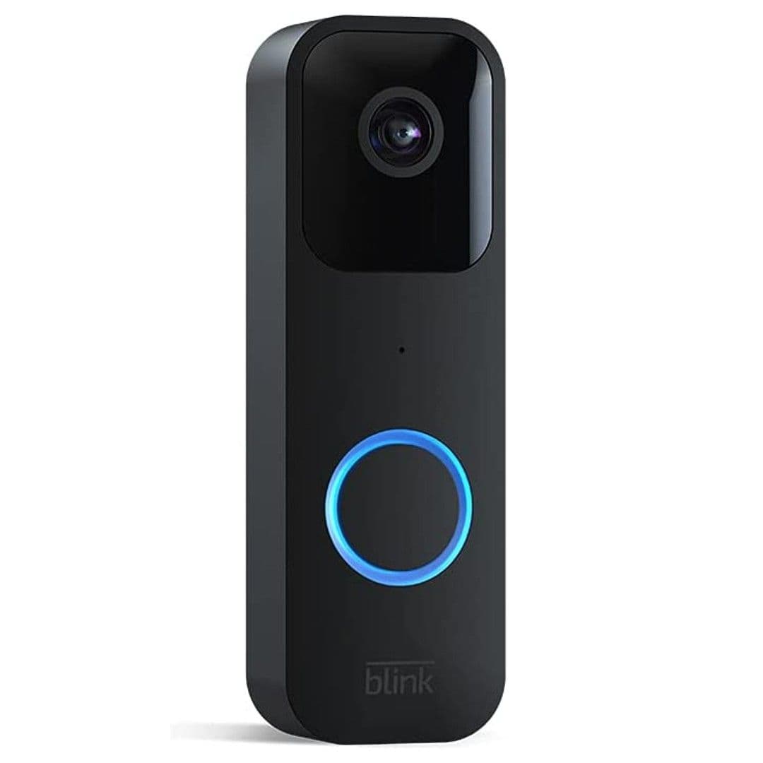 White Blink smart doorbell camera with a large black camera lens