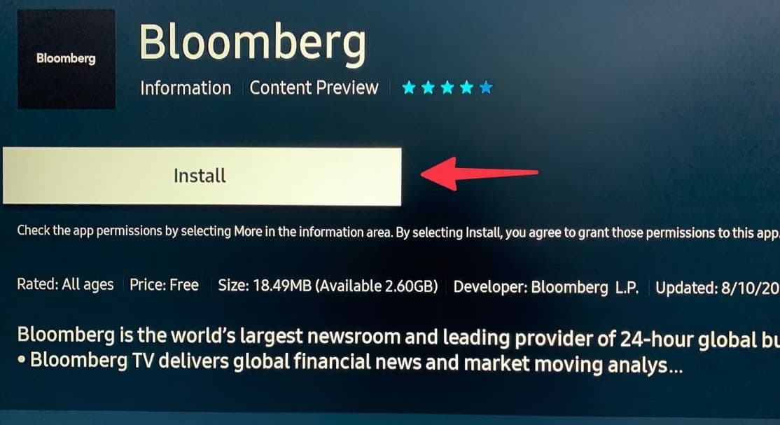 Σελίδα πληροφοριών εφαρμογής Bloomberg στο κατάστημα εφαρμογών Samsung TV