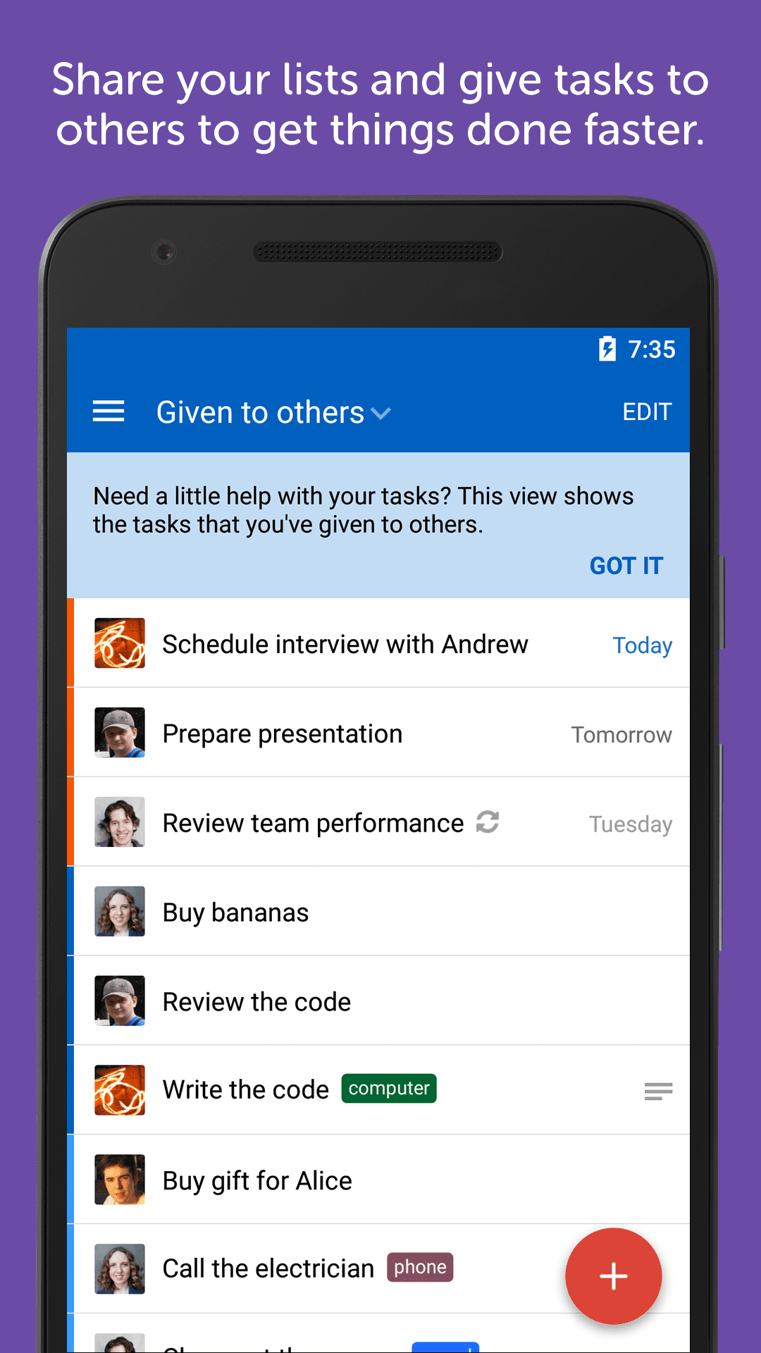 An app store listing screenshot for Remember the Milk about sharing lists and tasks with others