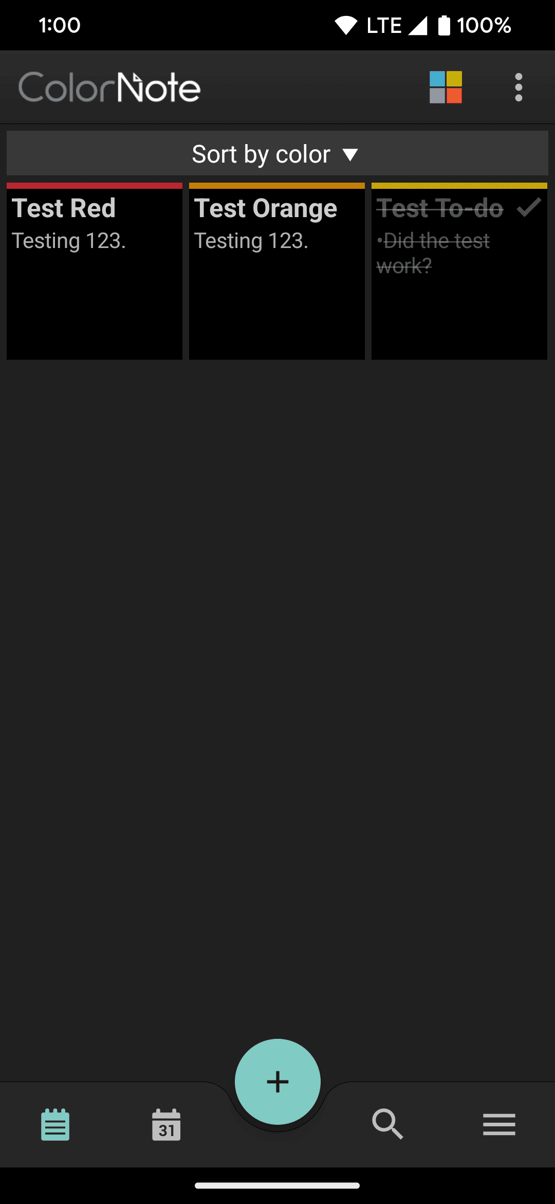 Some example colored notes on the main screen in the ColorNote app