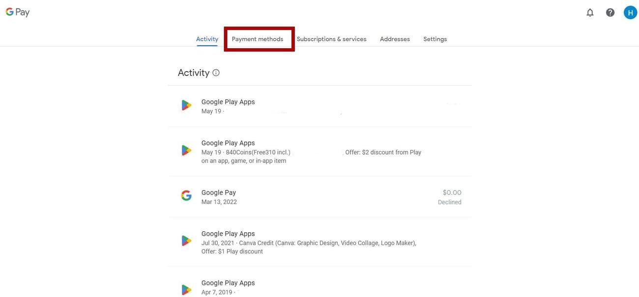 αρχική σελίδα του Google Pay