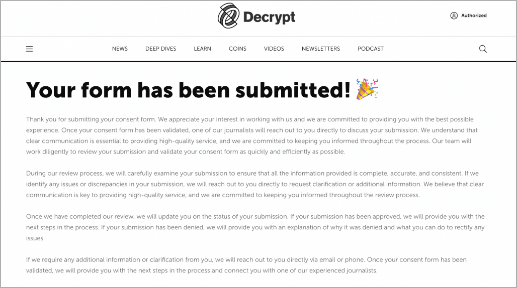 Ψεύτικη σελίδα Decrypt που φιλοξενεί μια φόρμα συνέντευξης