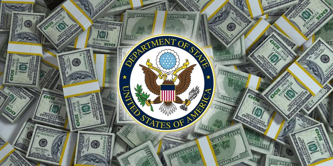 Piles of money with Department of State logo