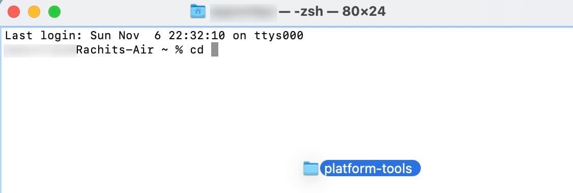 Σύροντας το φάκελο platform-tools στο Mac Terminal