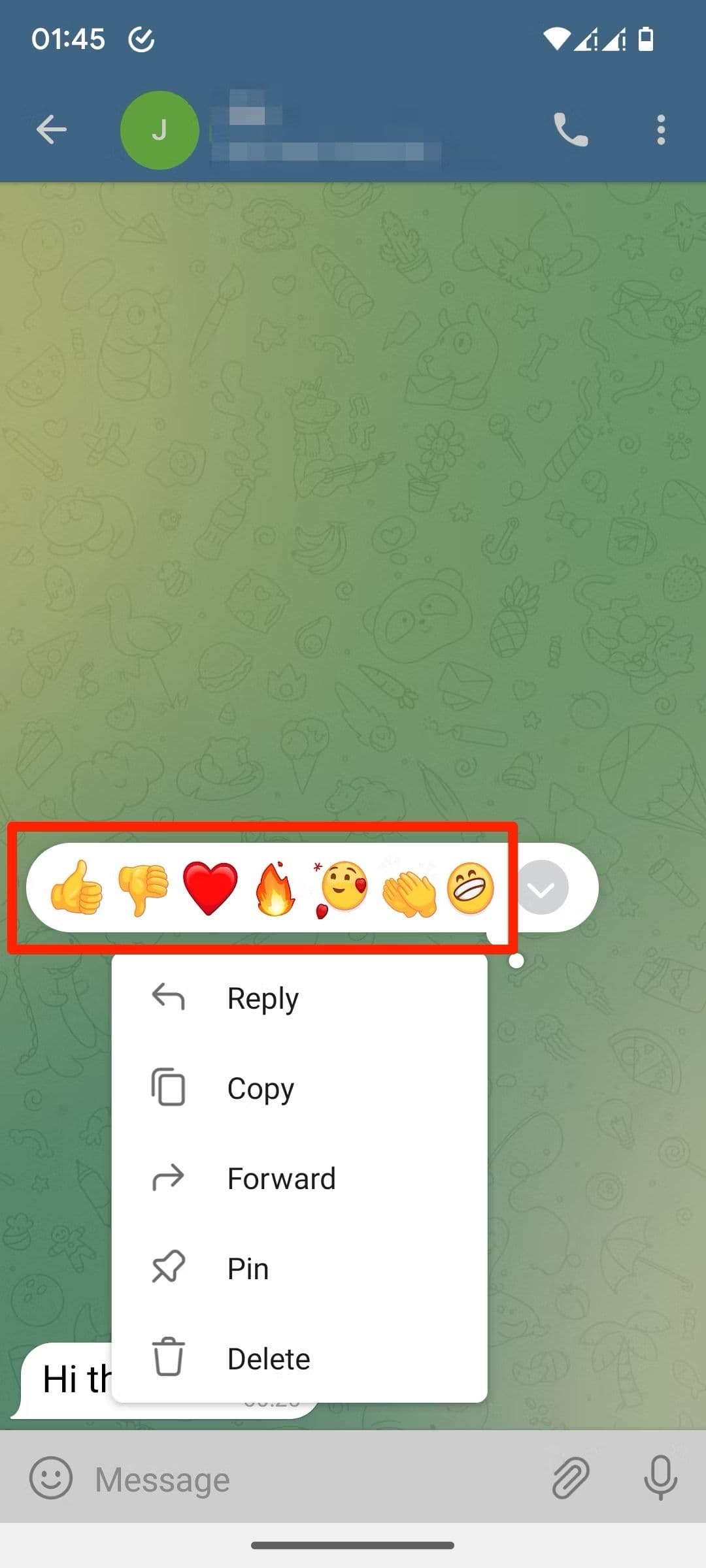 Στιγμιότυπο οθόνης του μενού αντίδρασης emoji στο Telegram