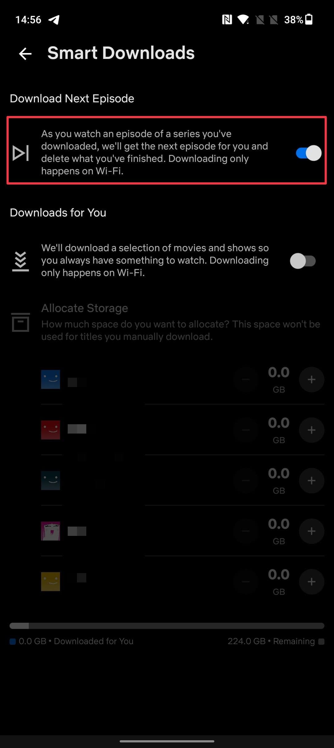 στιγμιότυπο οθόνης των ρυθμίσεων έξυπνων λήψεων της εφαρμογής netflix για κινητά