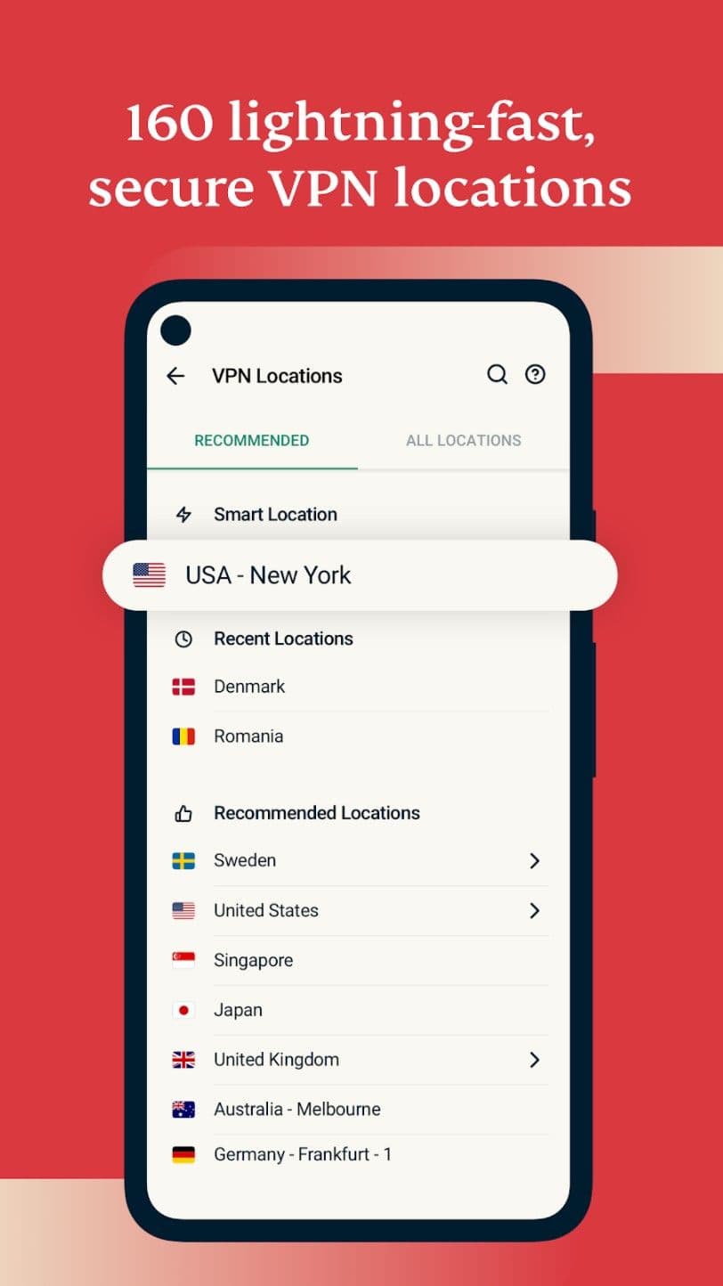 phone screen showing list of countries on a red background