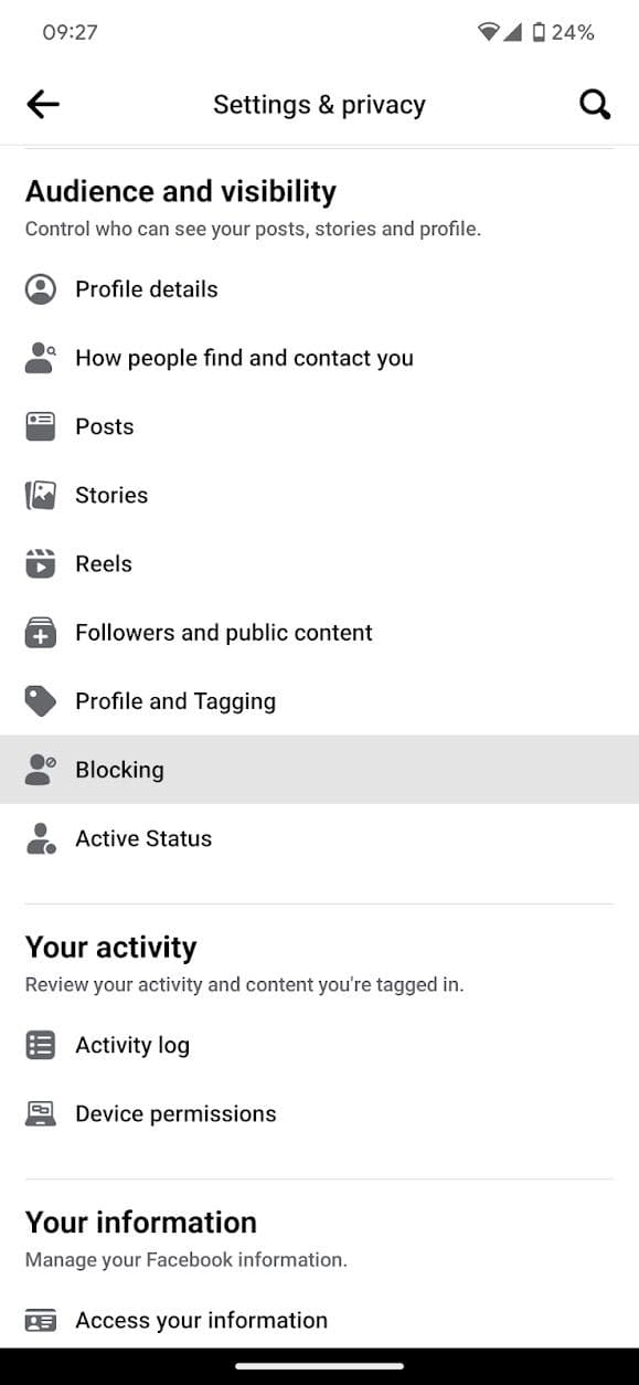 στιγμιότυπο οθόνης της λίστας ρυθμίσεων και επιλογών απορρήτου της εφαρμογής facebook