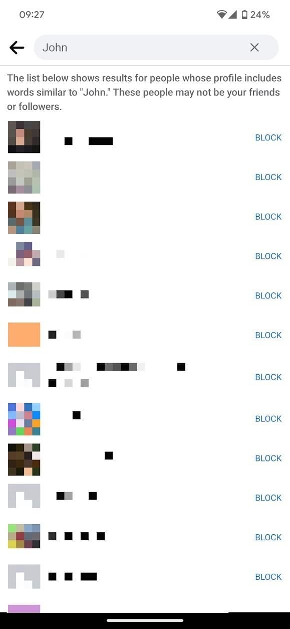 οθόνη λίστας προφίλ με δυνατότητα αποκλεισμού στην εφαρμογή facebook