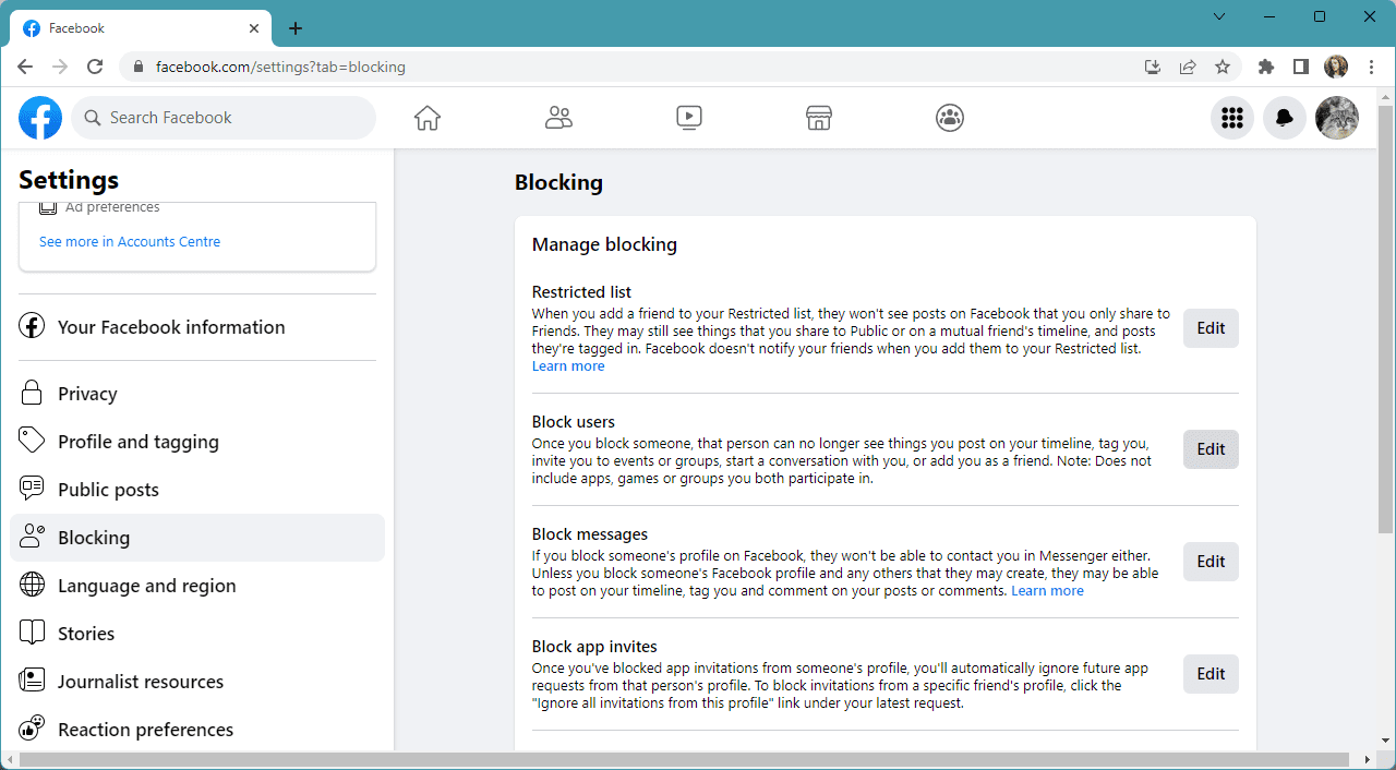 στιγμιότυπο οθόνης επιλογών αποκλεισμού στον ιστότοπο του Facebook