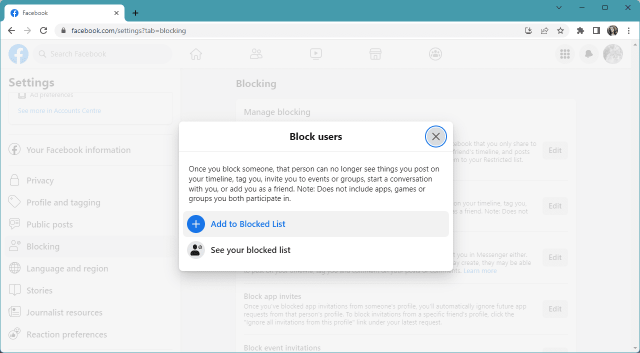 στιγμιότυπο οθόνης του αναδυόμενου παραθύρου αποκλεισμού χρηστών στον ιστότοπο του Facebook
