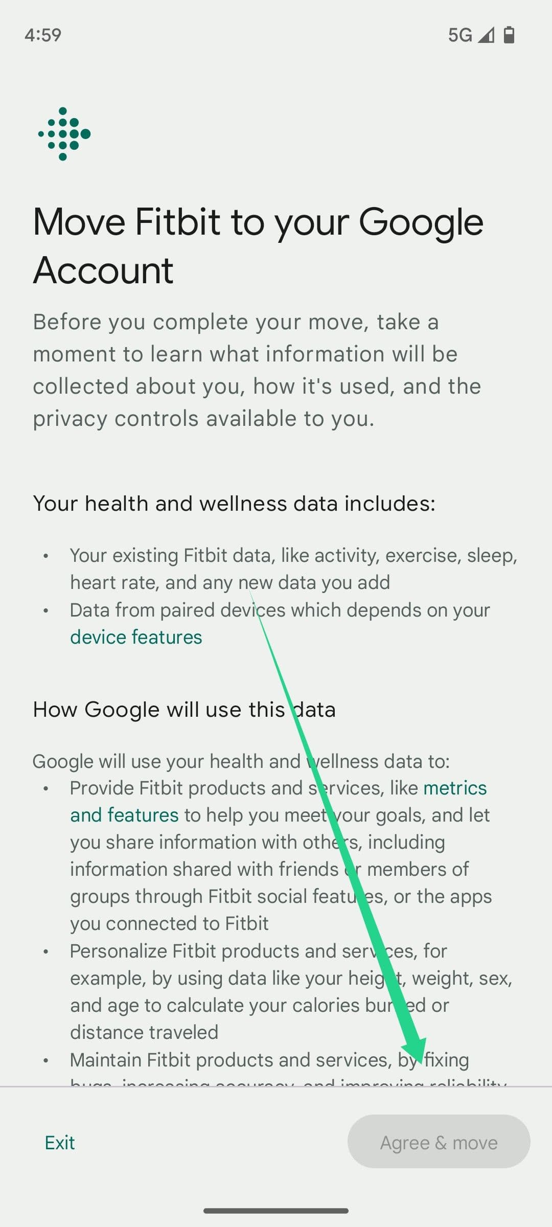 Η εφαρμογή Fitbit προτρέπει τον χρήστη να ολοκληρώσει τη μετάβαση του λογαριασμού του από το Fitbit στο Google.