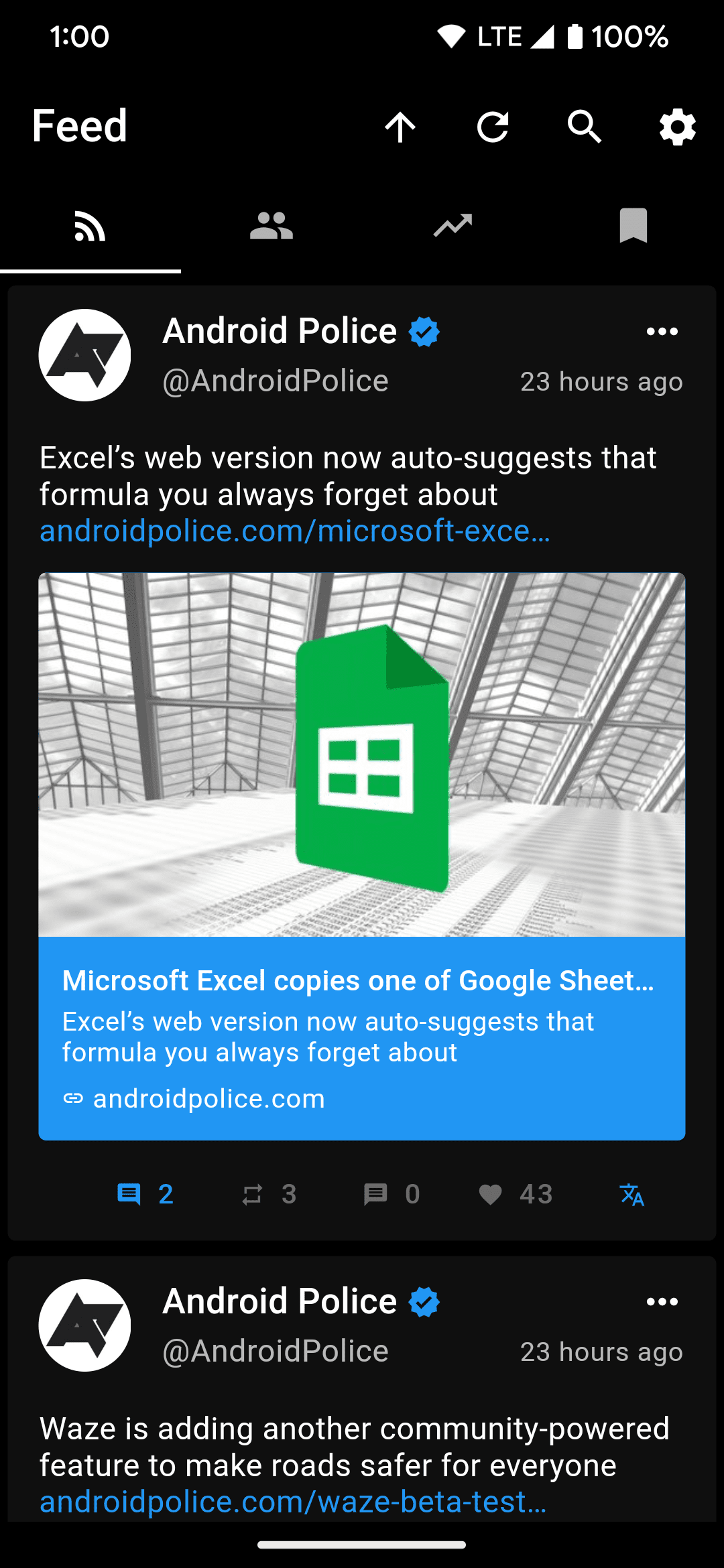 An example of the main Twitter feed page for the Fritter app 