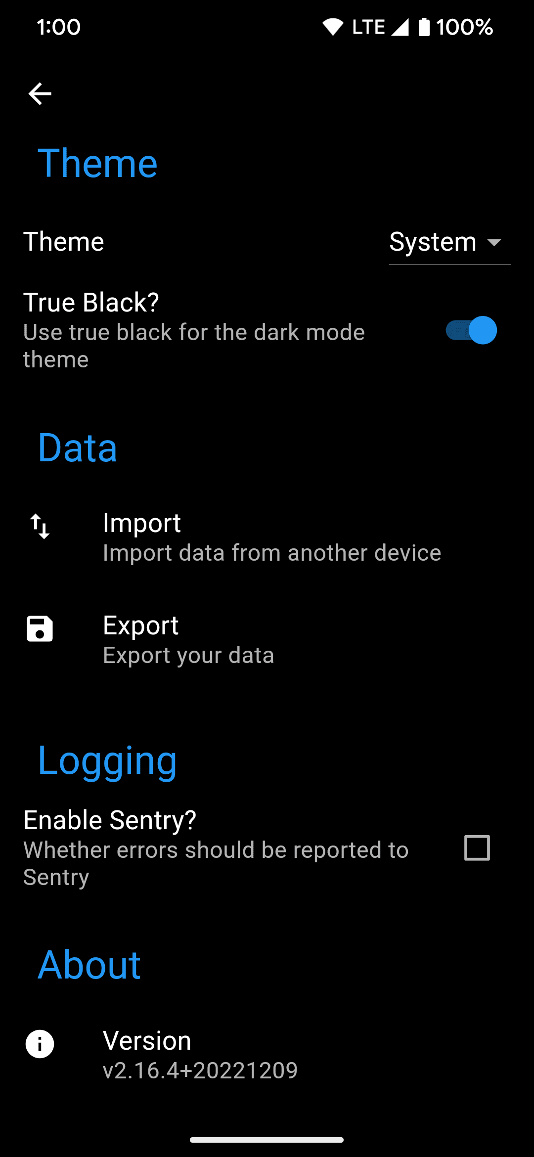 An example of the settings found within the Fritter app for Twitter