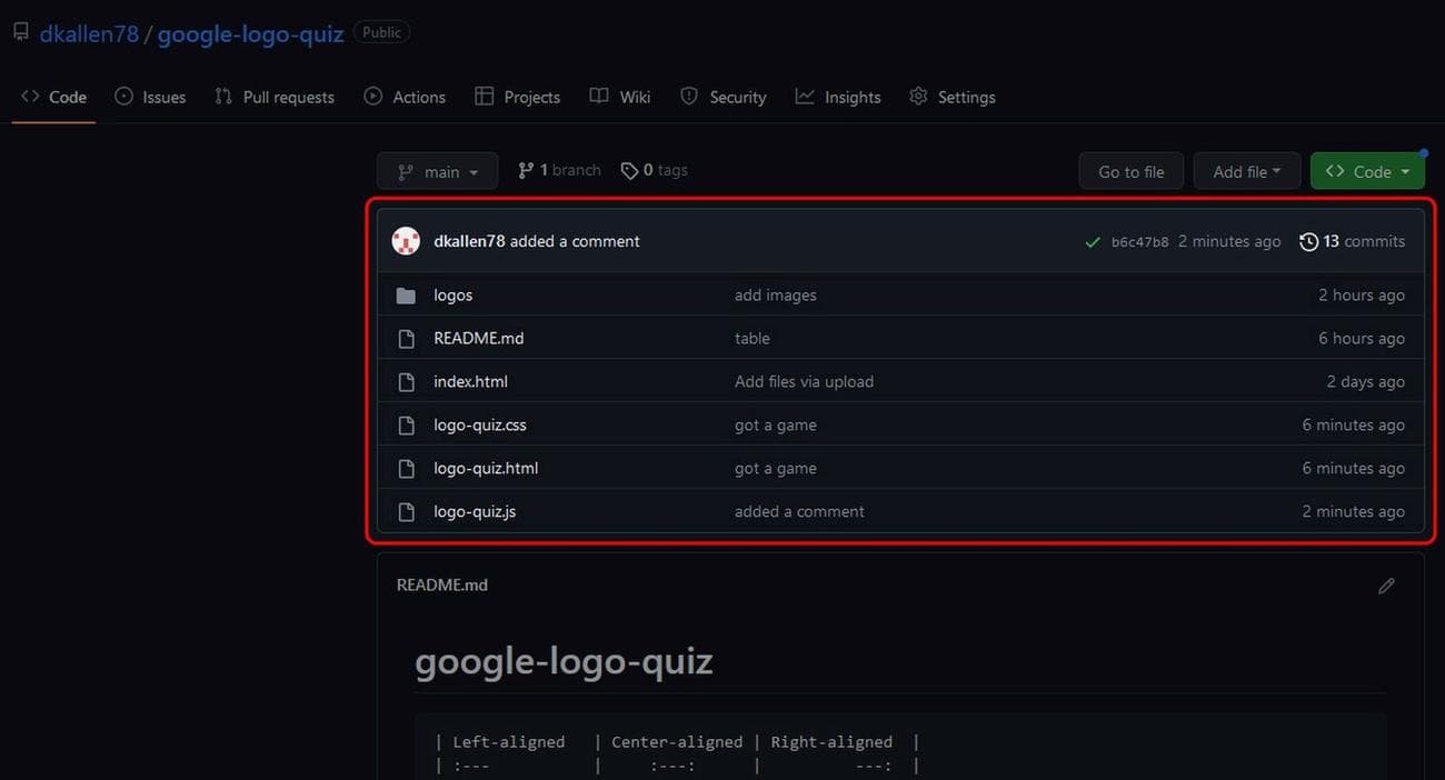Οθόνη GitHub repo Code που επισημαίνει τα αρχεία