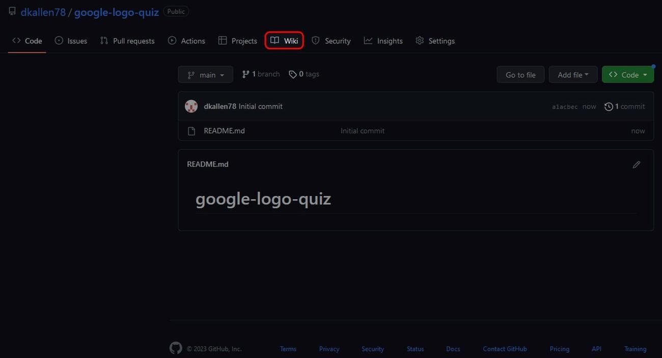 Η κύρια σελίδα του GitHub repo επισημαίνει τον σύνδεσμο Wiki