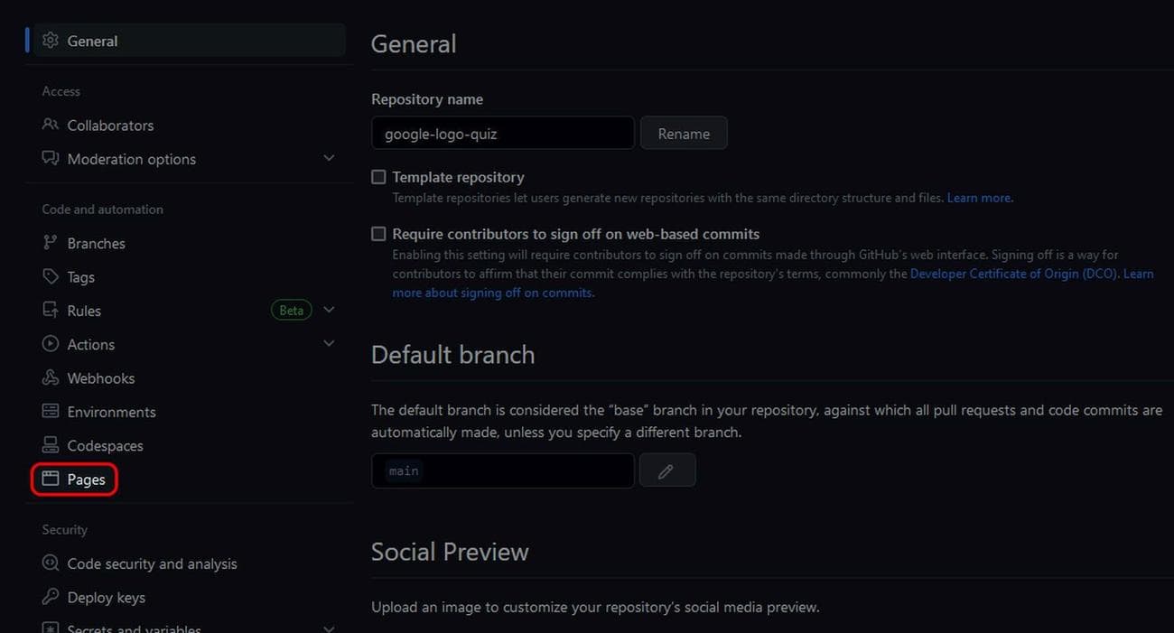 Μενού ρυθμίσεων GitHub με τον σύνδεσμο Σελίδες