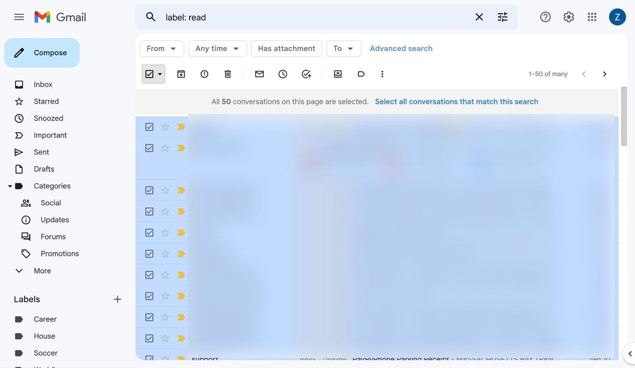 Επιλογή της πρώτης σελίδας των αναγνωσμένων μηνυμάτων ηλεκτρονικού ταχυδρομείου στο Gmail στον ιστό.
