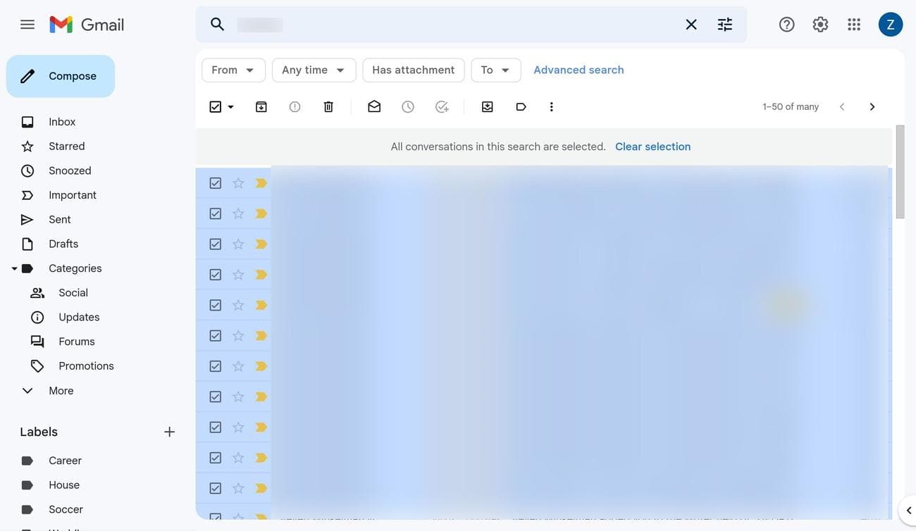 Επιλογή όλων των μηνυμάτων ηλεκτρονικού ταχυδρομείου από τα αποτελέσματα αναζήτησης μιας διεύθυνσης ηλεκτρονικού ταχυδρομείου στο Gmail στον ιστό.