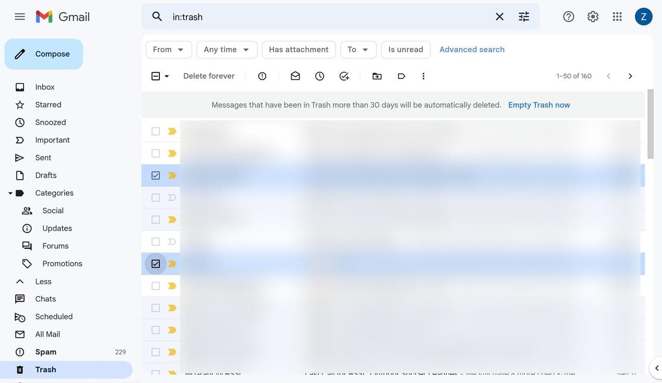 Σε email που έχουν επιλεγεί στον Κάδο απορριμμάτων στο Gmail στον ιστό.