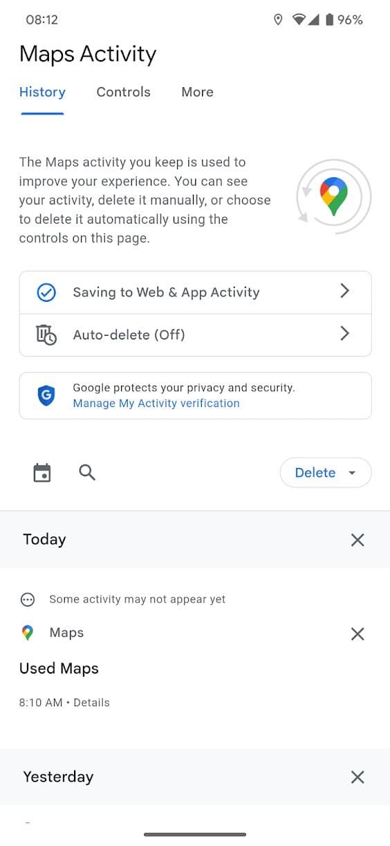 στιγμιότυπο οθόνης μενού δραστηριότητας χαρτών από την εφαρμογή google maps android