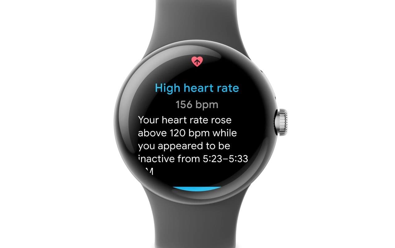 Google Pixel Watch showing a high heart rate notification