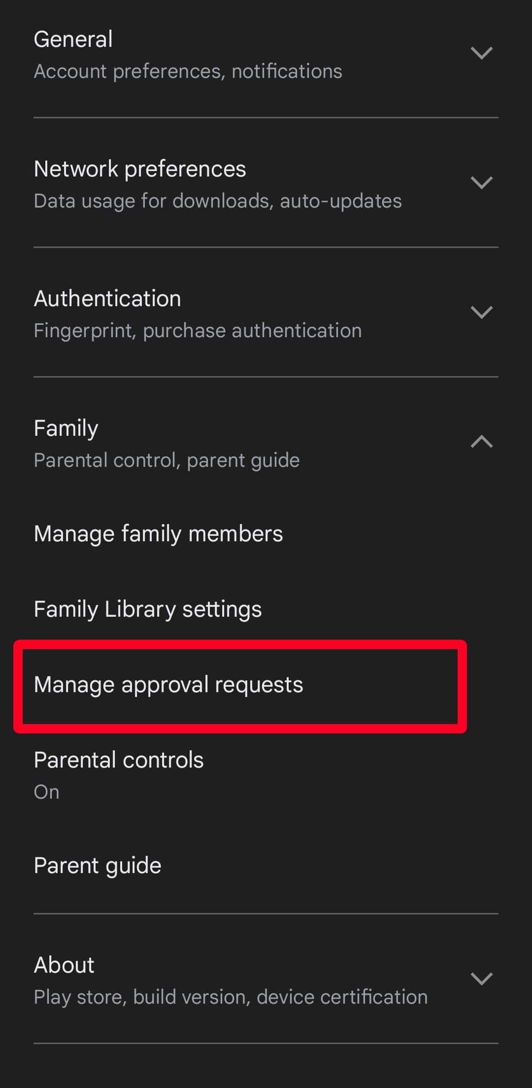 Μενού ρυθμίσεων εφαρμογής για κινητά του Google Play Store