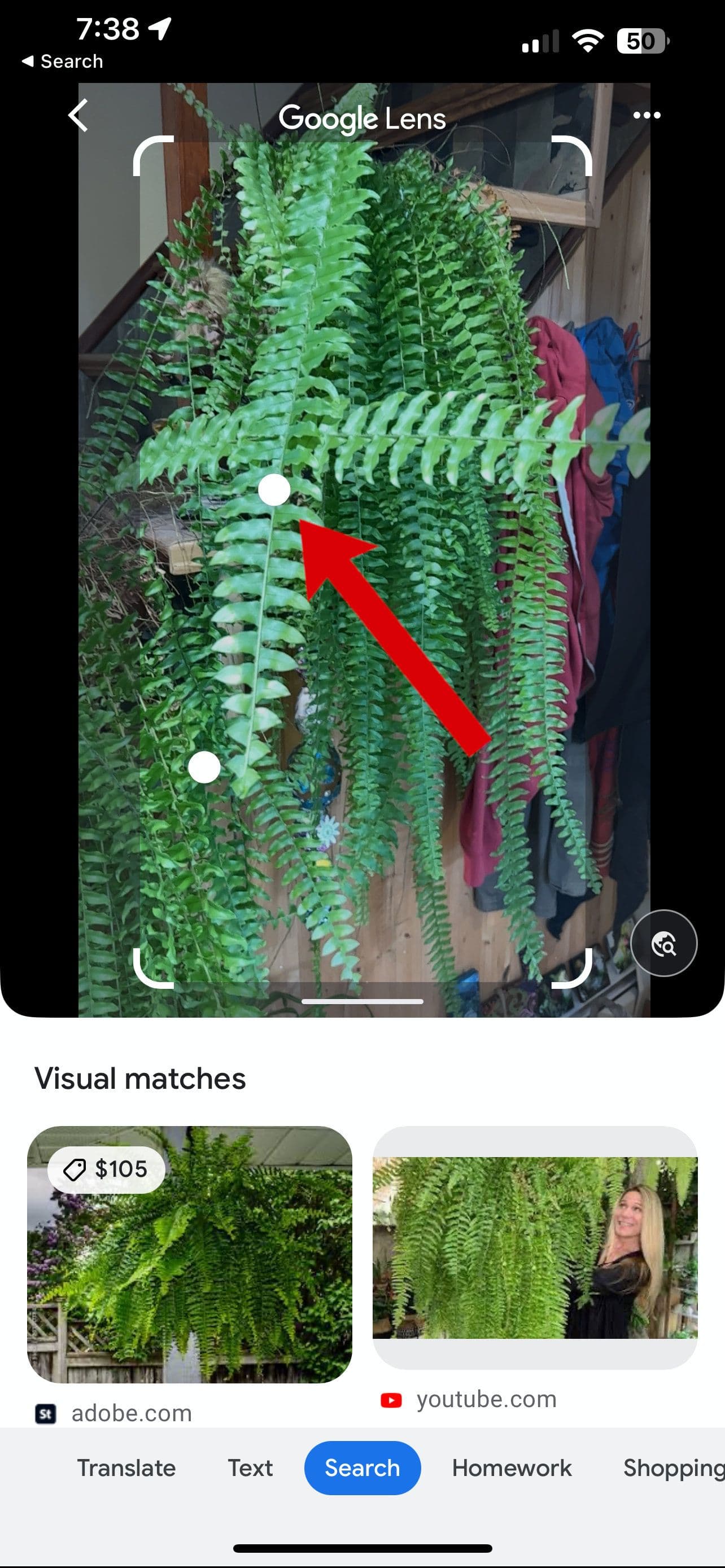 Ένα στιγμιότυπο οθόνης του Google Lens για iOS με ένα βέλος που δείχνει σε μια επισήμανση.