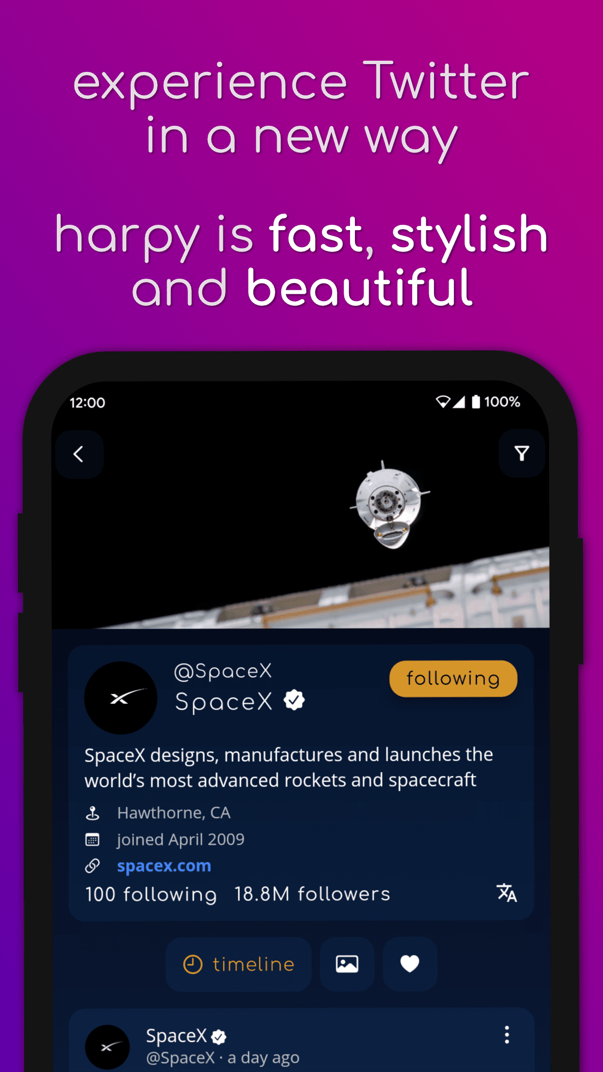 An app store listing screenshot for the Harpy Twitter app showing the theme and design of the app