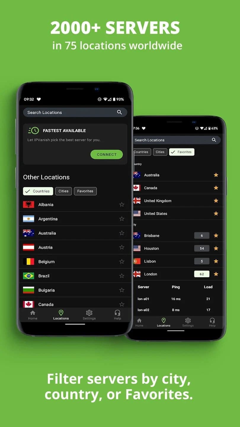 two mobile phones showing a list of servers on a green background