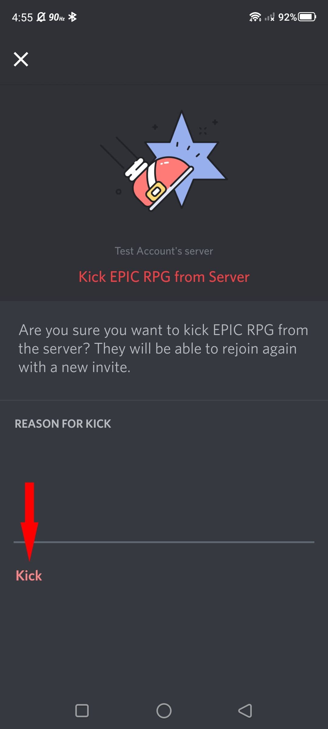 Κόκκινο βέλος που δείχνει προς τα κάτω στο κουμπί Kick στην εφαρμογή Discord για κινητά