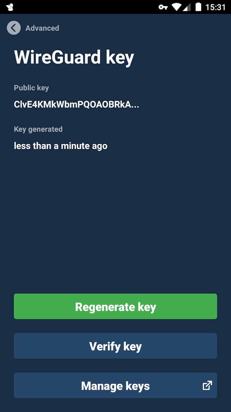 vpn app showing a key generation tool