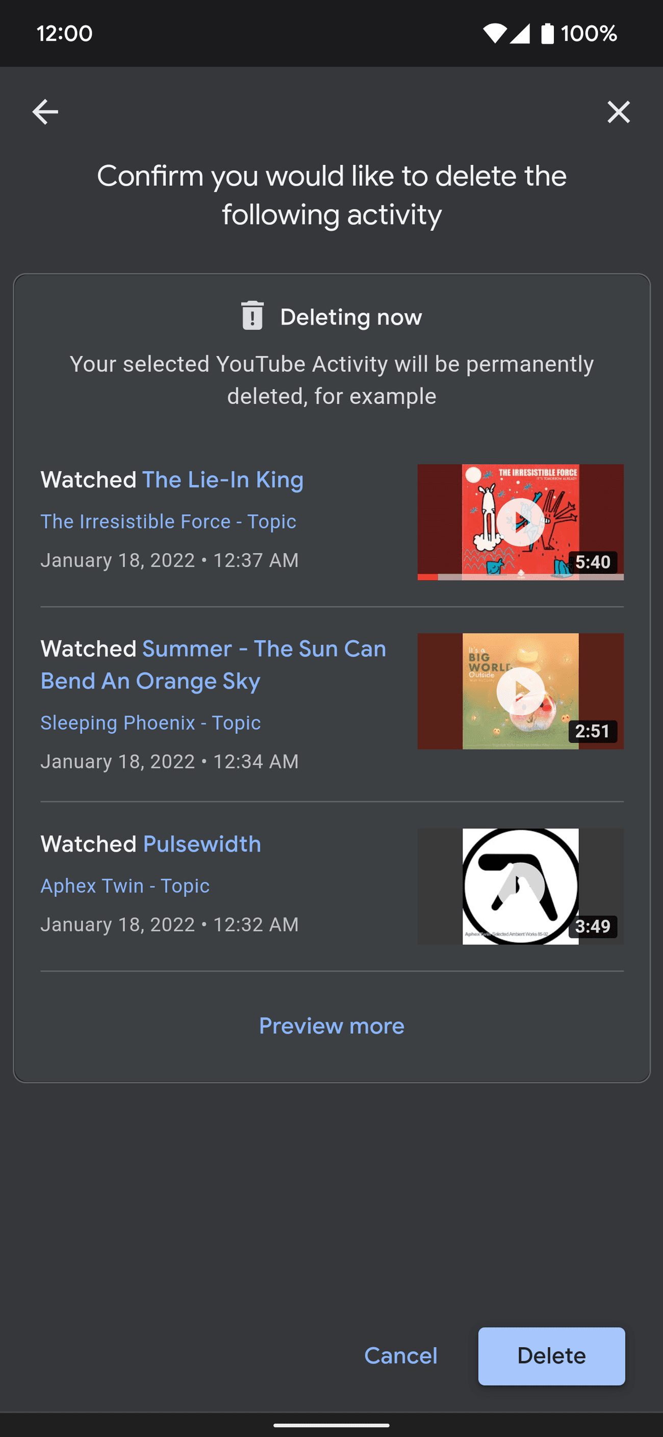 Επιλογή των δραστηριοτήτων YouTube προς διαγραφή