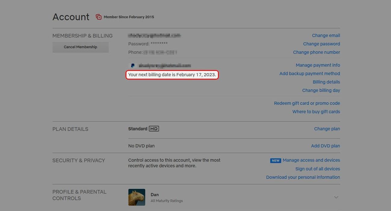 Σελίδα λογαριασμού προγράμματος περιήγησης Netflix που επισημαίνει την επόμενη ημερομηνία χρέωσης