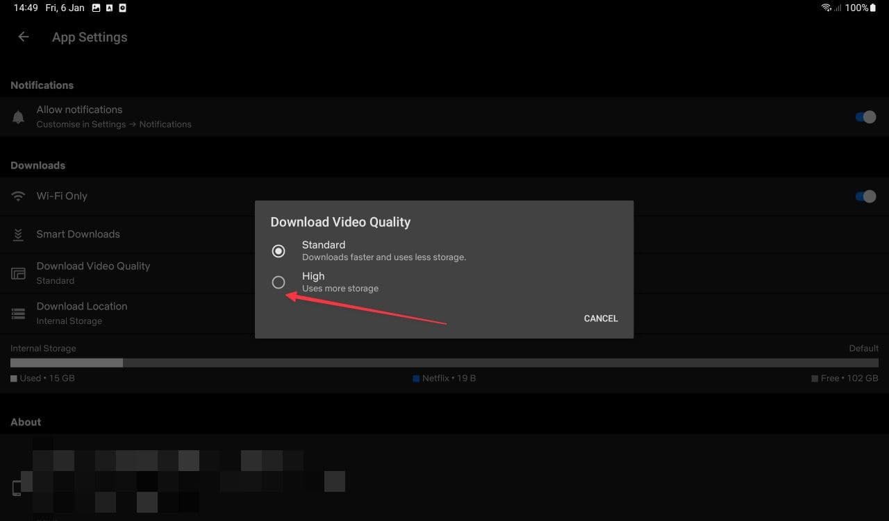 αναδυόμενο στιγμιότυπο οθόνης της εφαρμογής λήψης για κινητά netflix ποιότητας