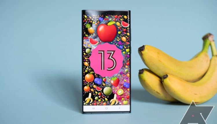 A Samsung Galaxy S22 Ultra, showing the Android 13 emoji easter egg, sitting next to a bunch of bananas.