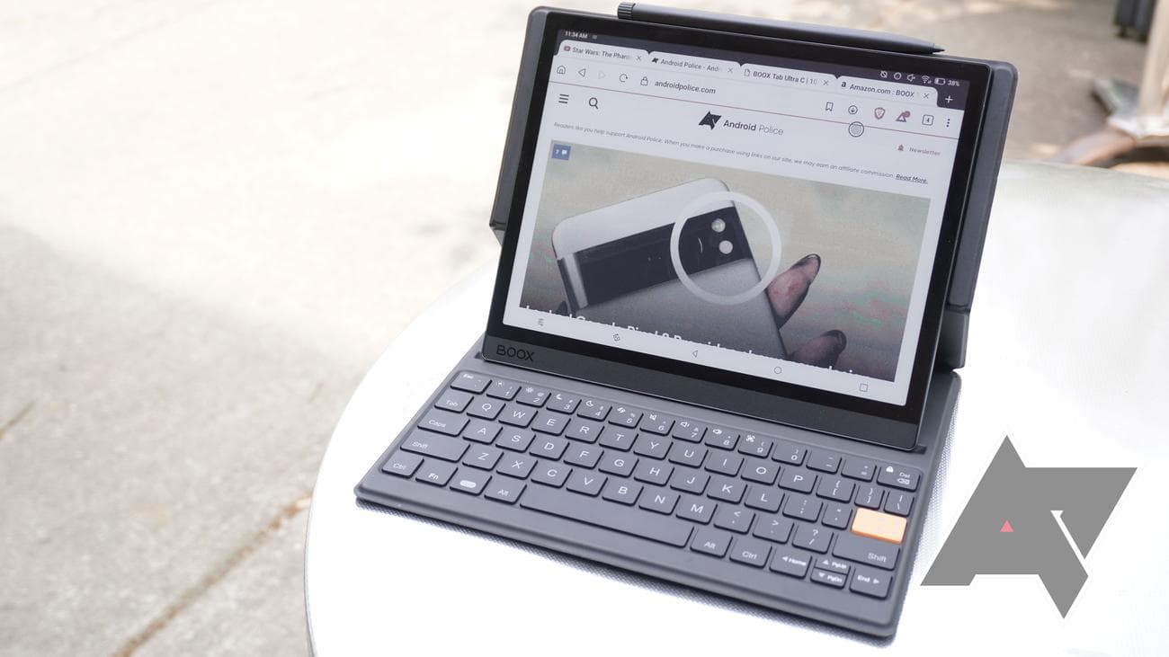 Onyx Boox Tab Ultra C E Ink tablet docked on keyboard case