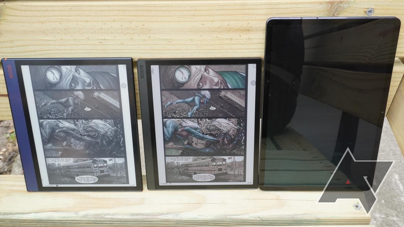 Onyx Boox Tab Ultra C E Ink tablet next to Samsung Galaxy Tab S7 Plus and Onyx Boox Note Air with screen light settings off or at lowest value